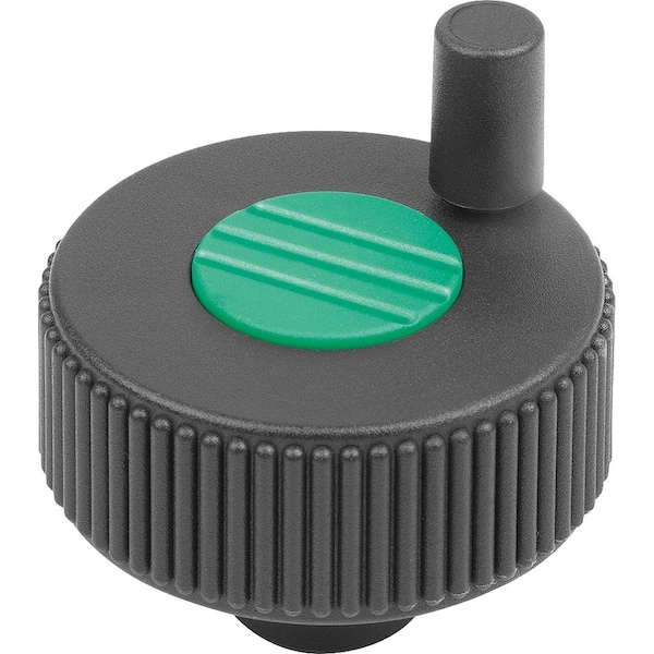 Knurled Knob W Handle Size:1, D1=40, Form:H, Plastic Black, Comp:Steel Cap:Green Ral6032, D=6H8,